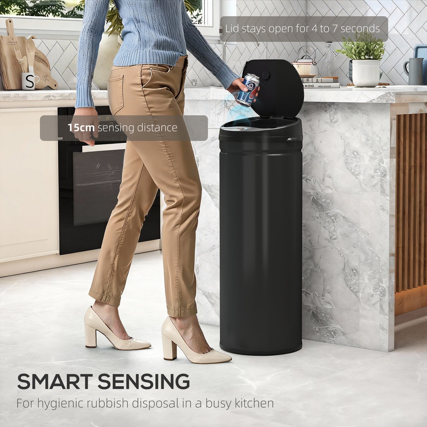 50L Stainless Steel Sensor Bin - Black
