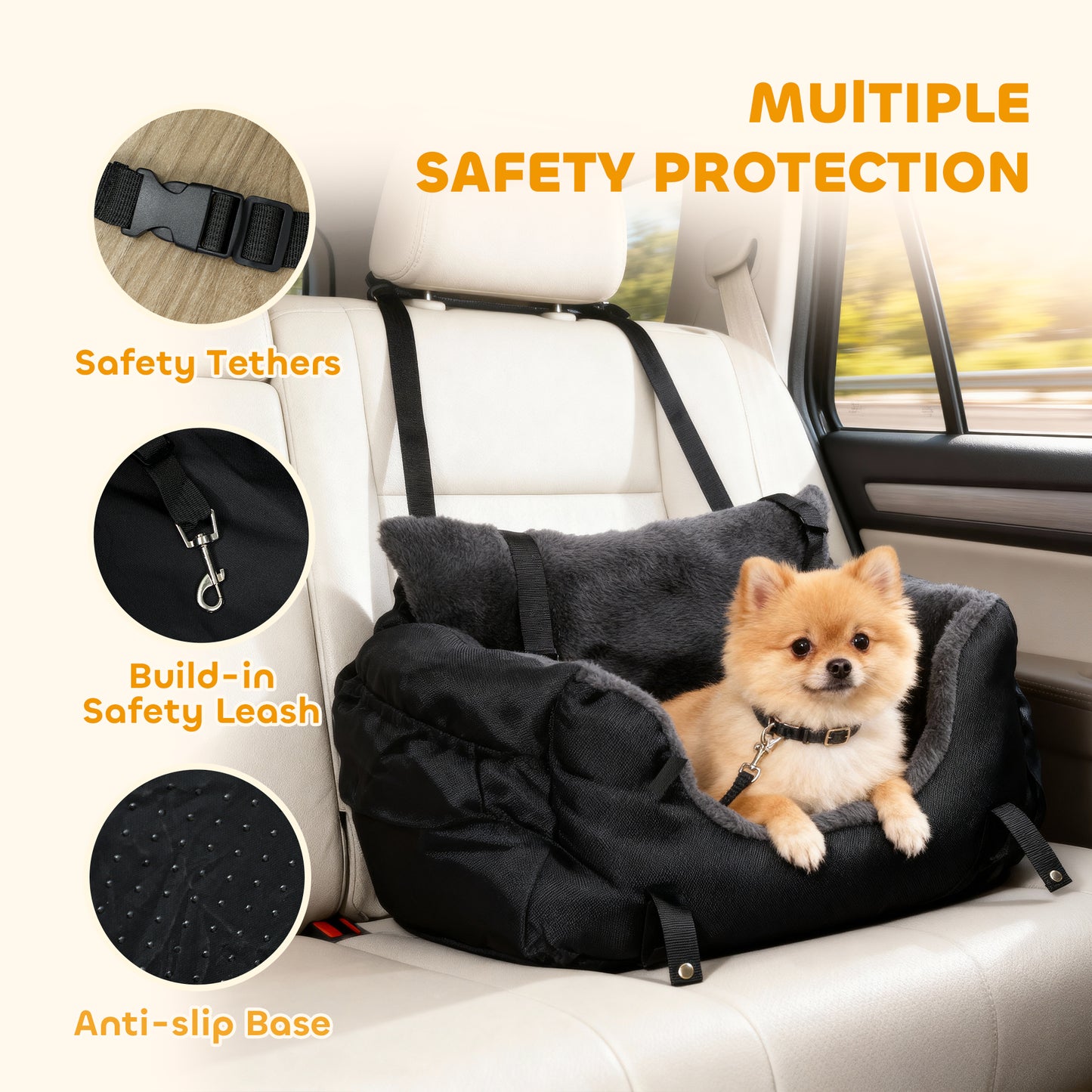 Dog Car Seat for Small Dogs with Fixed Buckle, Safety Leash, Washable Cover, 58 x 45 x 28 cm, Black