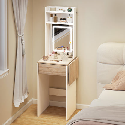 Small Vanity Desk with Mirror and LED Lights, Compact Dressing Table with Drop Leaf, Open Shelves and Drawer, White
