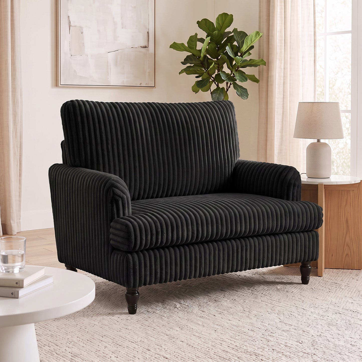Corduroy Single Sofa Armchair, Modern Accent Chair with Stripes, Turned Legs and Wide Seat, Black