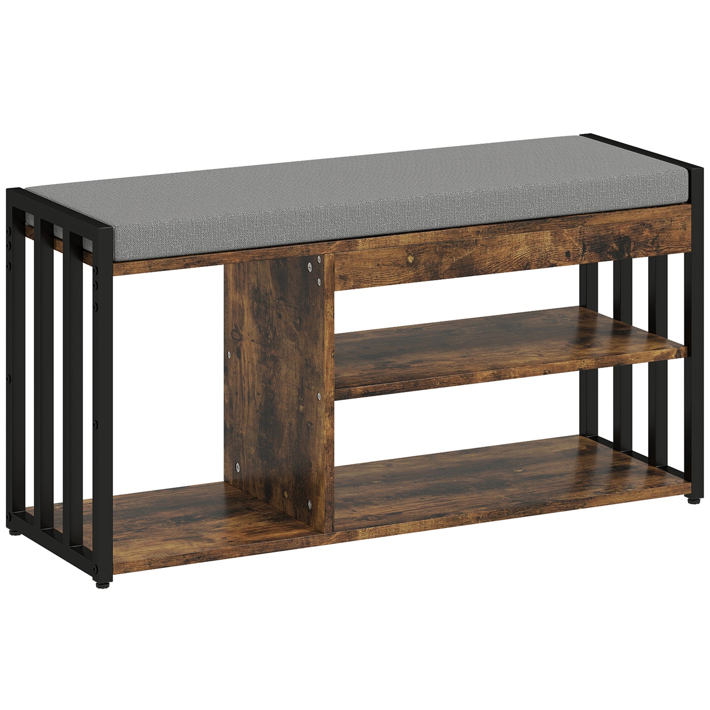 Shoe Storage with Seat, Upholstered Entryway Bench, Shoe Bench with 3 Open Shelves for Hallway, Rustic Brown