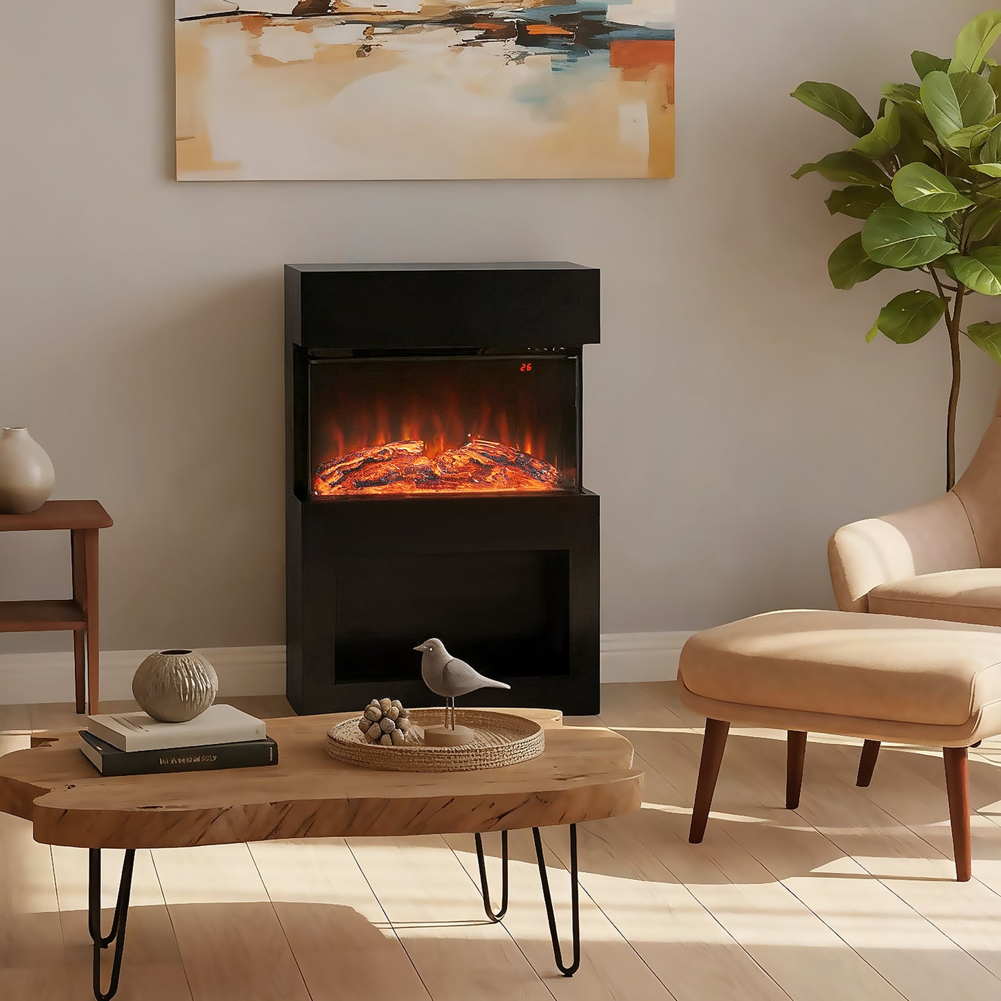 19" Electric Fireplace with Surround, 3D Flame Effect, 6 Colours & 3 Brightness Levels