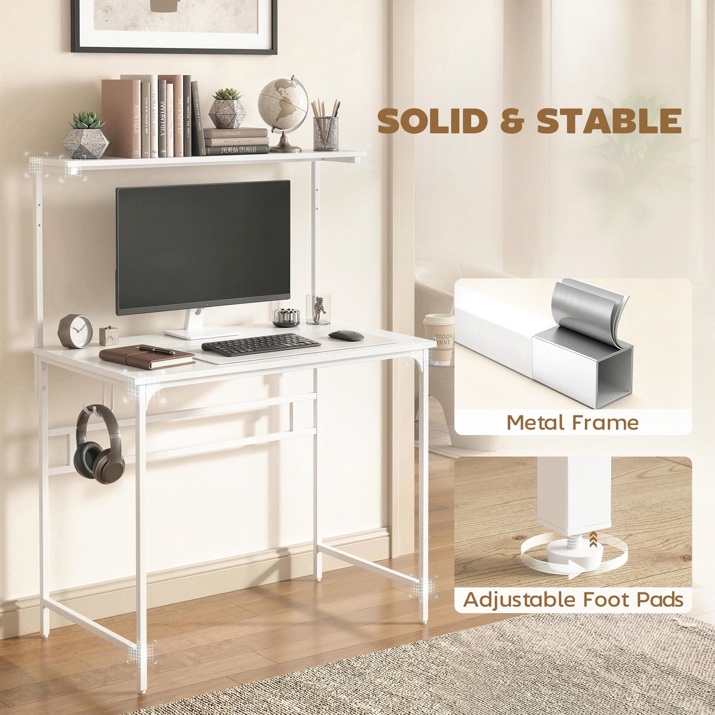 Computer Desk, 80cm Home Office Study Table with Hutch Shelf, Cup Holder, Headphone Hook, White