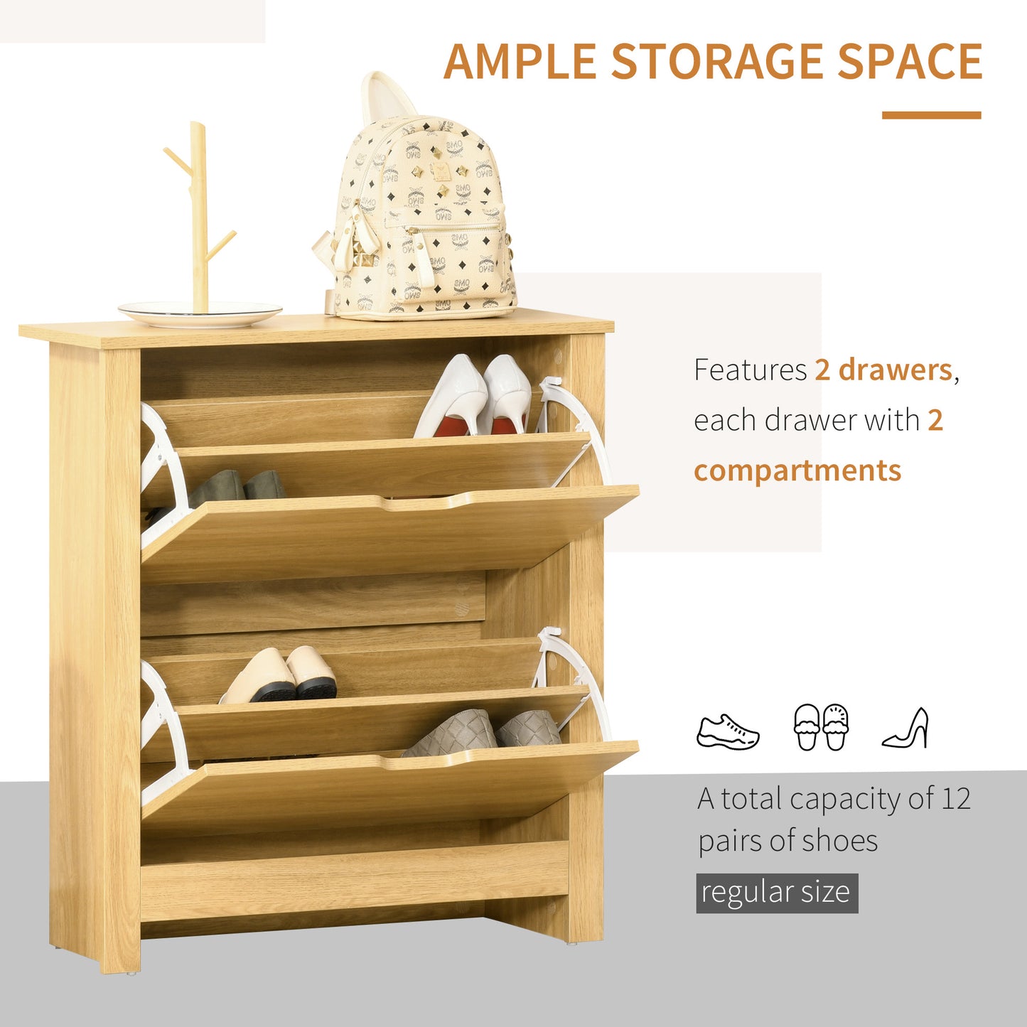 Narrow Shoe Cabinet, Space Saving Shoe Storage Cabinet with 2 Flip Drawers and Adjustable Shelves for 6-12 Pairs of Shoes for