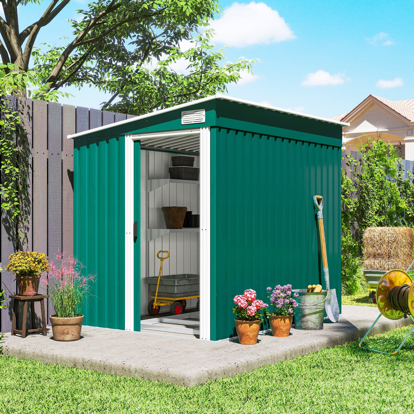 7 x 5ft Galvanised Metal Shed, with Sliding Door - Green