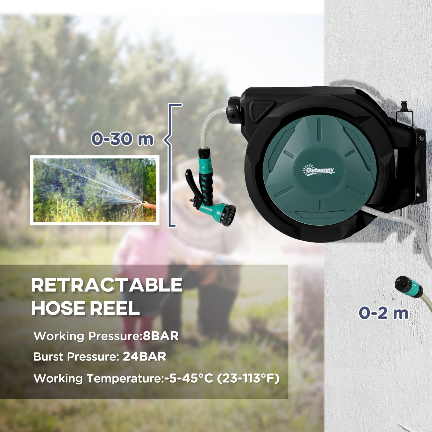 Retractable Hose Reel Wall Mounted, 30+2m Garden Hose Pipe Reel with Lock, Auto Rewind, 7 in 1 Spray Nozzle
