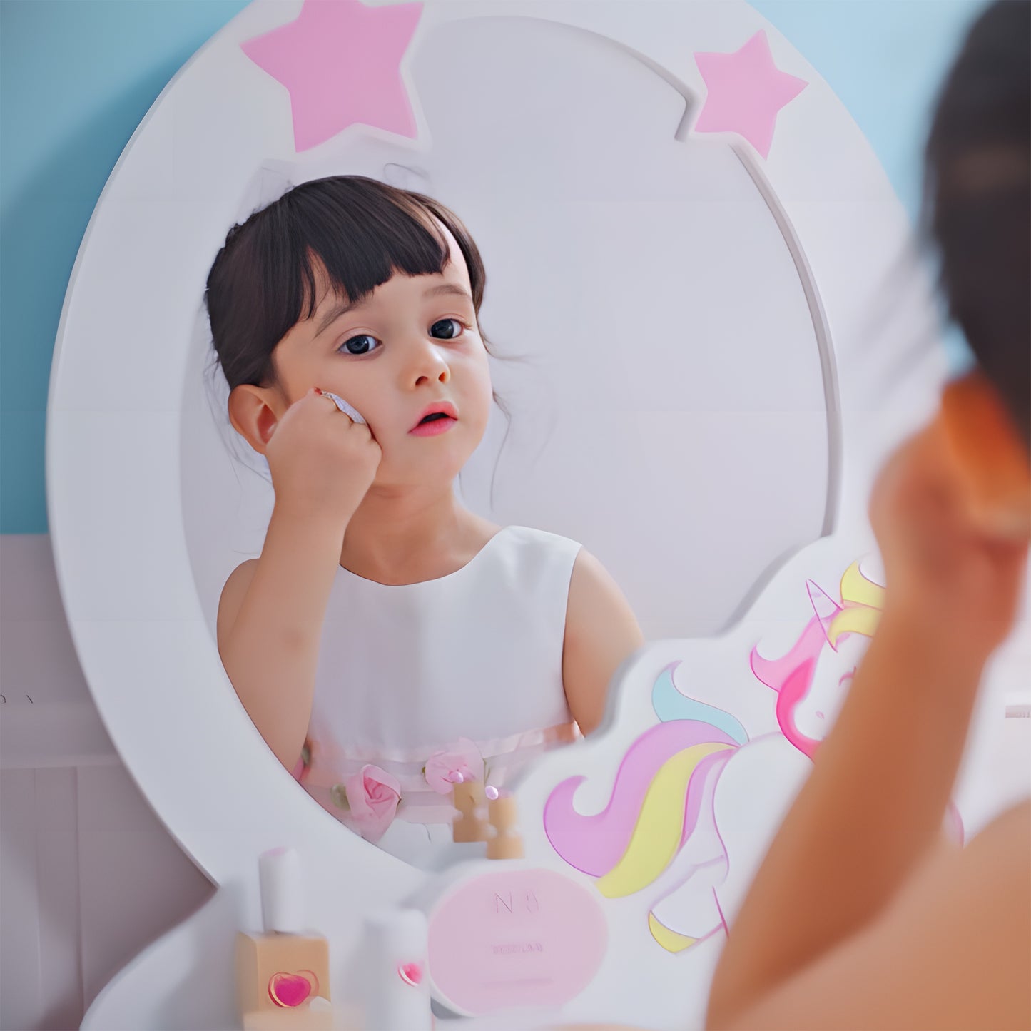 Kids Dressing Table with Mirror, Stool, Pink