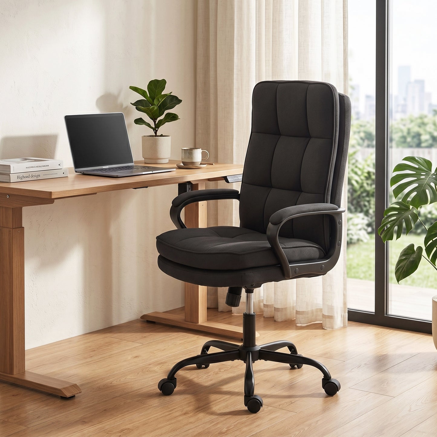 Double Padded Linen-Look Office Chair - Black