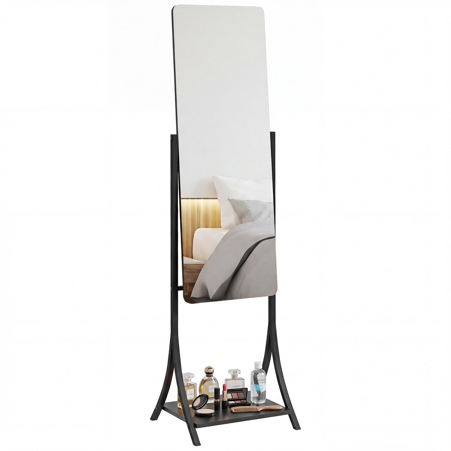 Free Standing Dressing Mirror, Full Length Mirror with Adjustable Angle, Storage Shelf for Living Room, Bedroom, Hallway