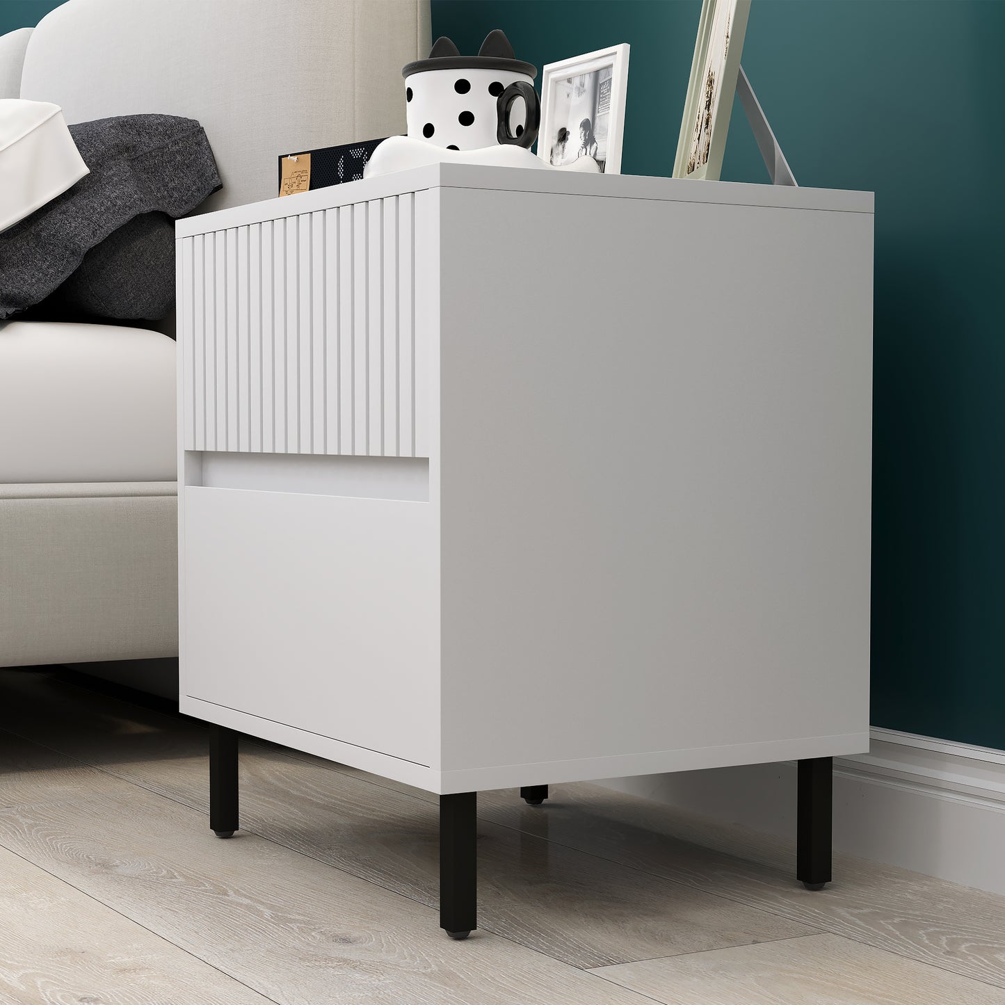Simple Line Indented Two-Drawer Bedside Table - White