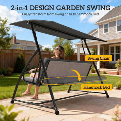 Outdoor 2-in-1 Swing Chair Lounger 3 Seater Garden Swing Seat Bed Convertible Tilt Canopy W/ Cushion, Dark Grey