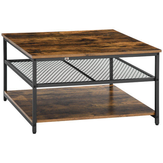 Coffee Table, Living Room Table with 3-Tier Storage Shelves, Square Tea Table for Home Office, Rustic Brown