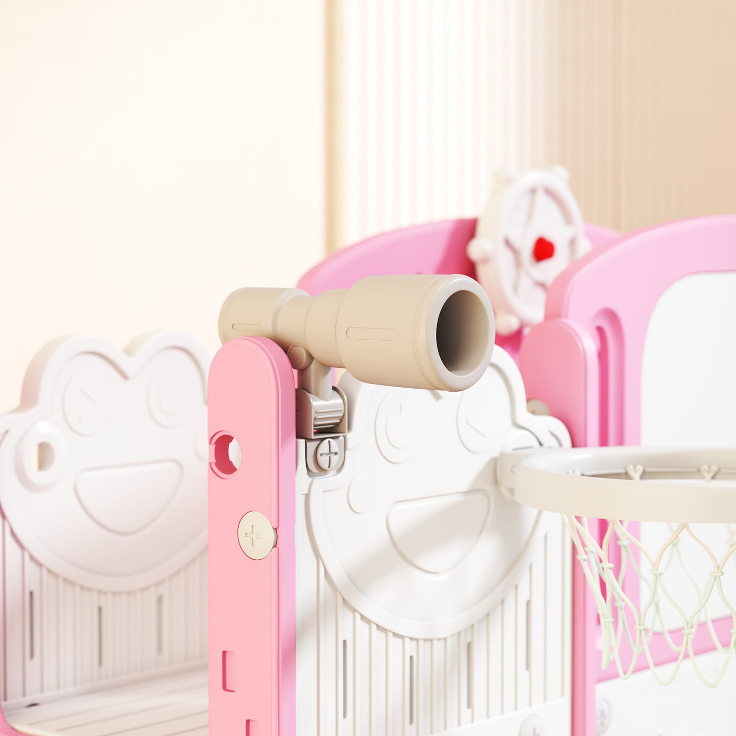 7 in 1 Toddler Slide Set with Basketball Hoop, Climbing Frame, Telescope, Drawing Board, Storage Box, Pink