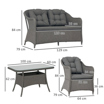 Four-Piece Rattan Set, with Glass-Top Table - Light Grey