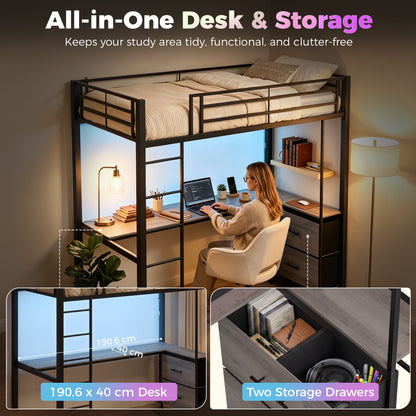 Metal Bunk Bed with Desk, High Sleeper Bed with LED Light and Safety Guardrail for Teens Adults, No Box Spring Needed