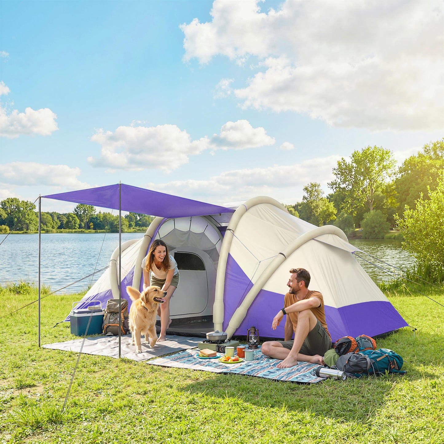 Inflatable Tent 2 Bedroom Tunnel Design Windproof Air Tent with Carry Bag for 4 Person