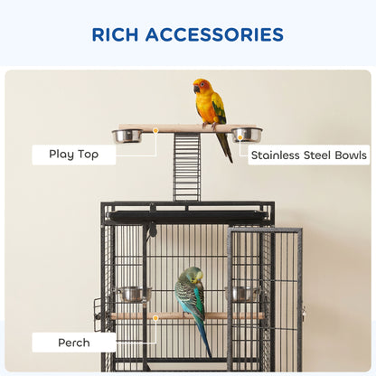 156cm Bird Cage,Large Parrot Cage with Open Play Top, Perch, Seed Guard, Wheels, Storage Shelf, Dark Grey