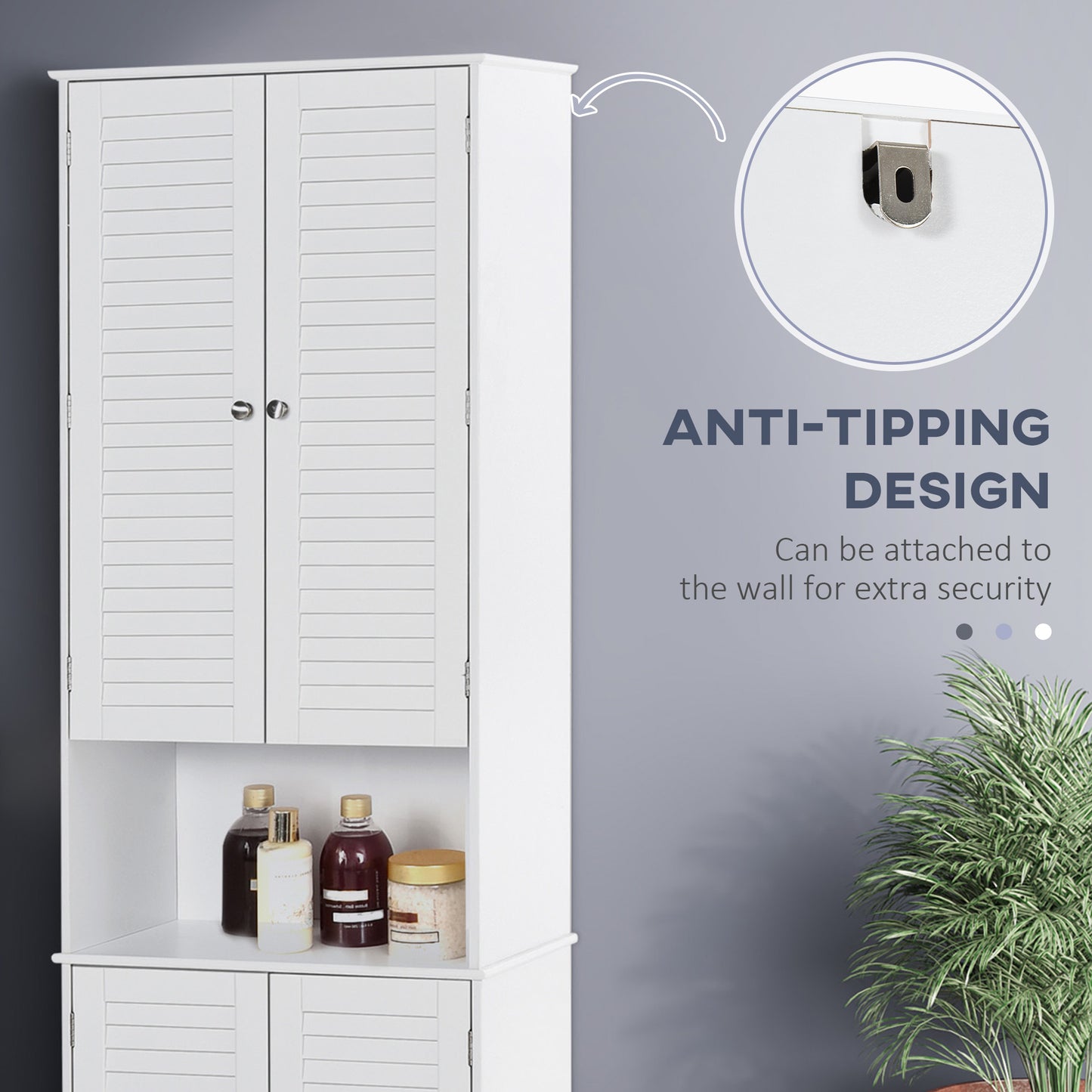 Tall Freestanding Bathroom Cabinet Retro Shutters w/ 3 Compartments Shelves Elevated Base Narrow Organiser White 60L x 30W x