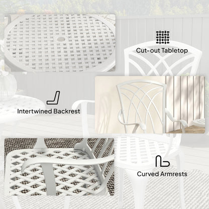 3 Pieces Garden Bistro Set, Cast Aluminium Outdoor Dining Set with 2 Chairs and Round Table with Parasol Hole, White