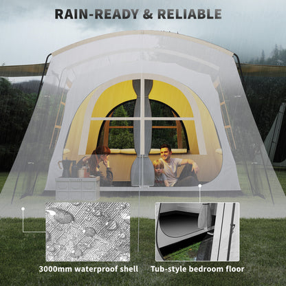 4 Man Tunnel Tent, Family Camping Tent with Porch, Bedroom and Living Area, Sewn in Groundsheet, 3000mm Waterproof