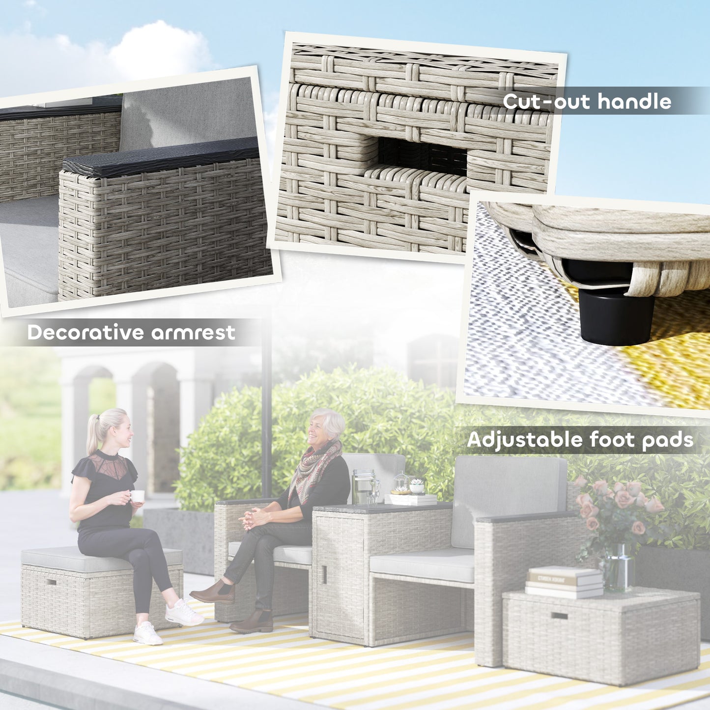 5 Piece Rattan Garden Furniture Set with Storage Table, Footstools, Cushions, Grey