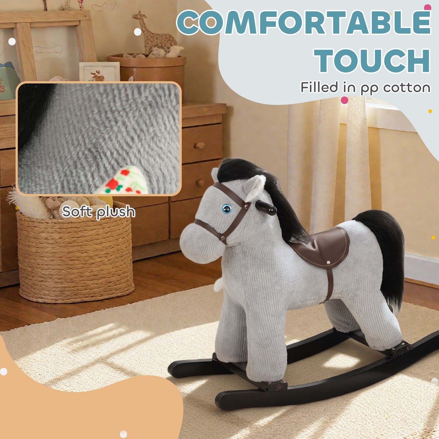 Baby Rocking Horse, Plush Ride on Toy with Handle Grip, Sound and Doll, Toddler Animal Rocker for Kids Aged 2-5, Grey