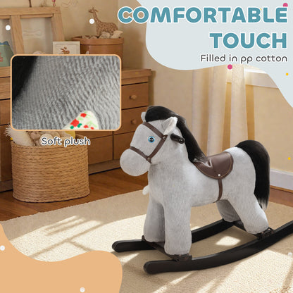 Baby Rocking Horse, Plush Ride on Toy with Handle Grip, Sound and Doll, Toddler Animal Rocker for Kids Aged 2-5, Grey
