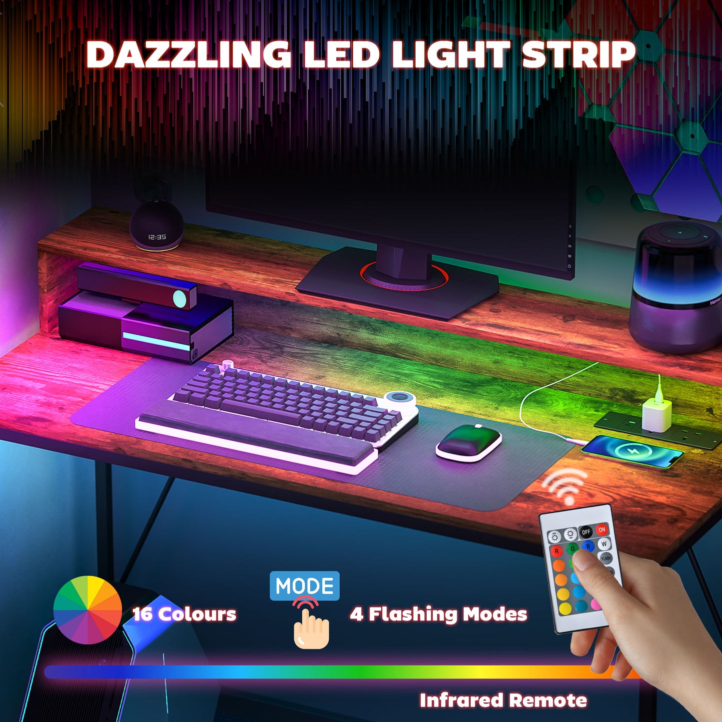 120cm Computer Desk with LED Lights and Power Outlets, Gaming Desk with Monitor Stand