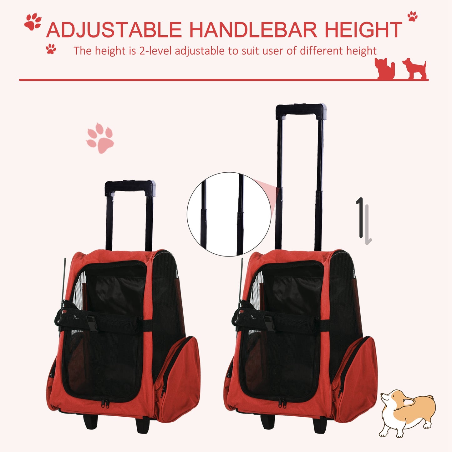 2 in 1 Dog Backpack and Trolley, Pet Travel Backpack Cat Dog Carrier with Telescopic Handle