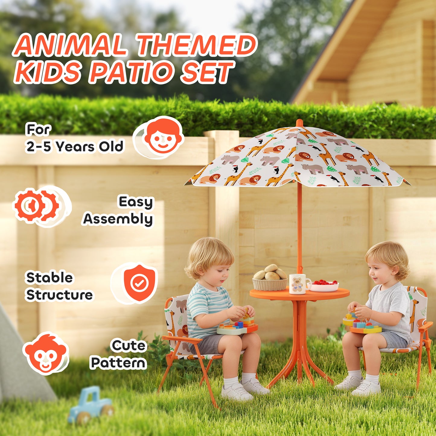 Kids Patio Set, Children Table and Chair Set, Outdoor Picnic Table with 2 Folding Chairs and Umbrella, Orange