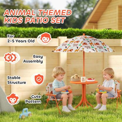Kids Patio Set, Children Table and Chair Set, Outdoor Picnic Table with 2 Folding Chairs and Umbrella, Orange