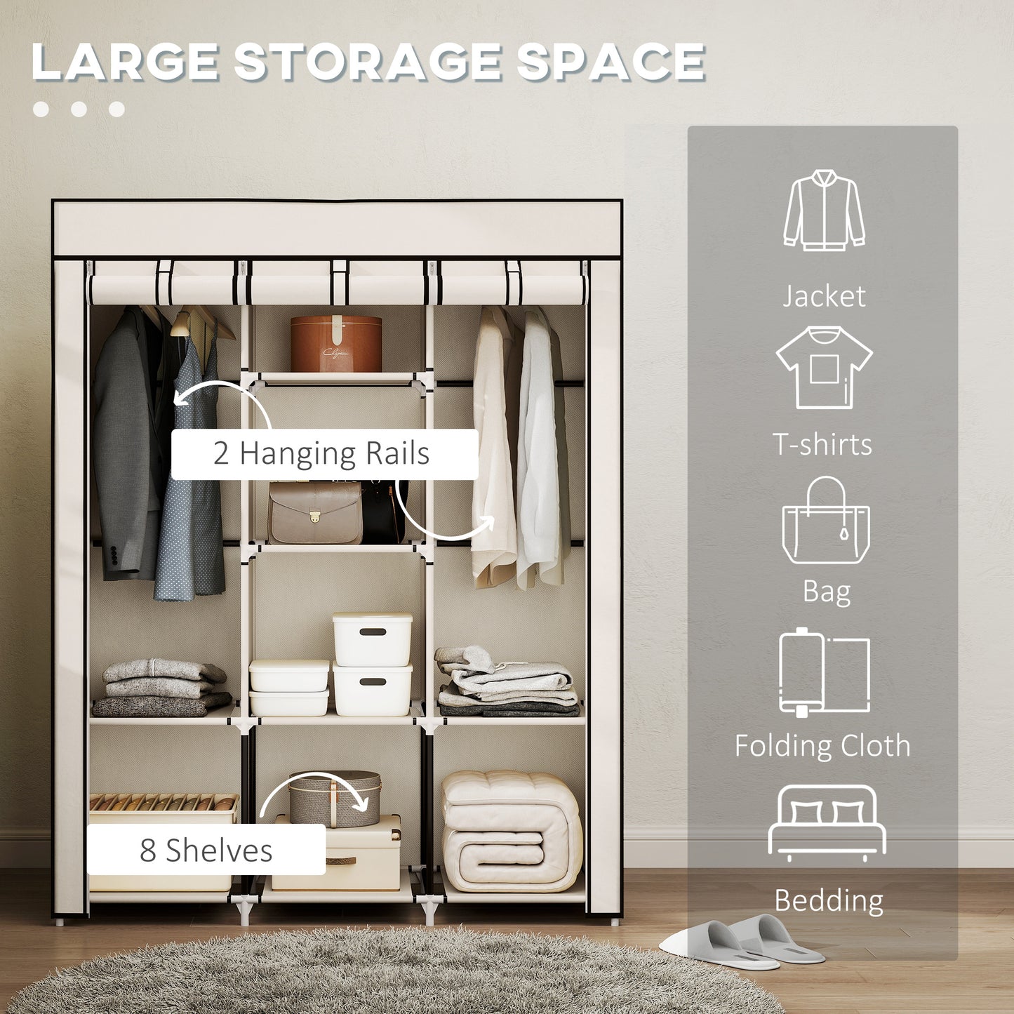 Fabric Wardrobe, with Rails and Shelves - Cream White
