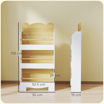 Kids Bookshelf, 3 Tier Children Bookcase, Bear Theme Toddler Space-Saving Bookcase for Living Room, White