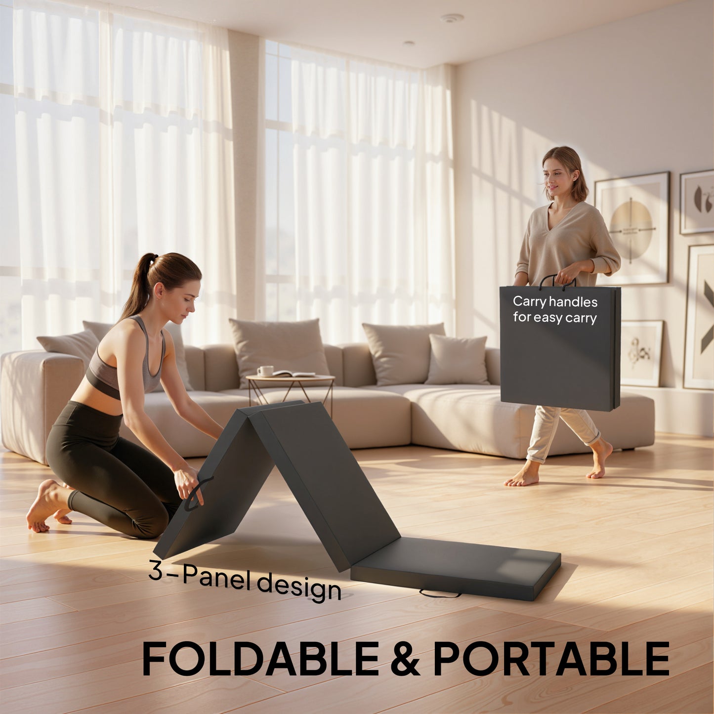 Gymnastics Mat, Tri-Fold Crash Exercise Pad, 6FT 2" Thick Foldable Workout Mat with Handles for Home Training, Grey