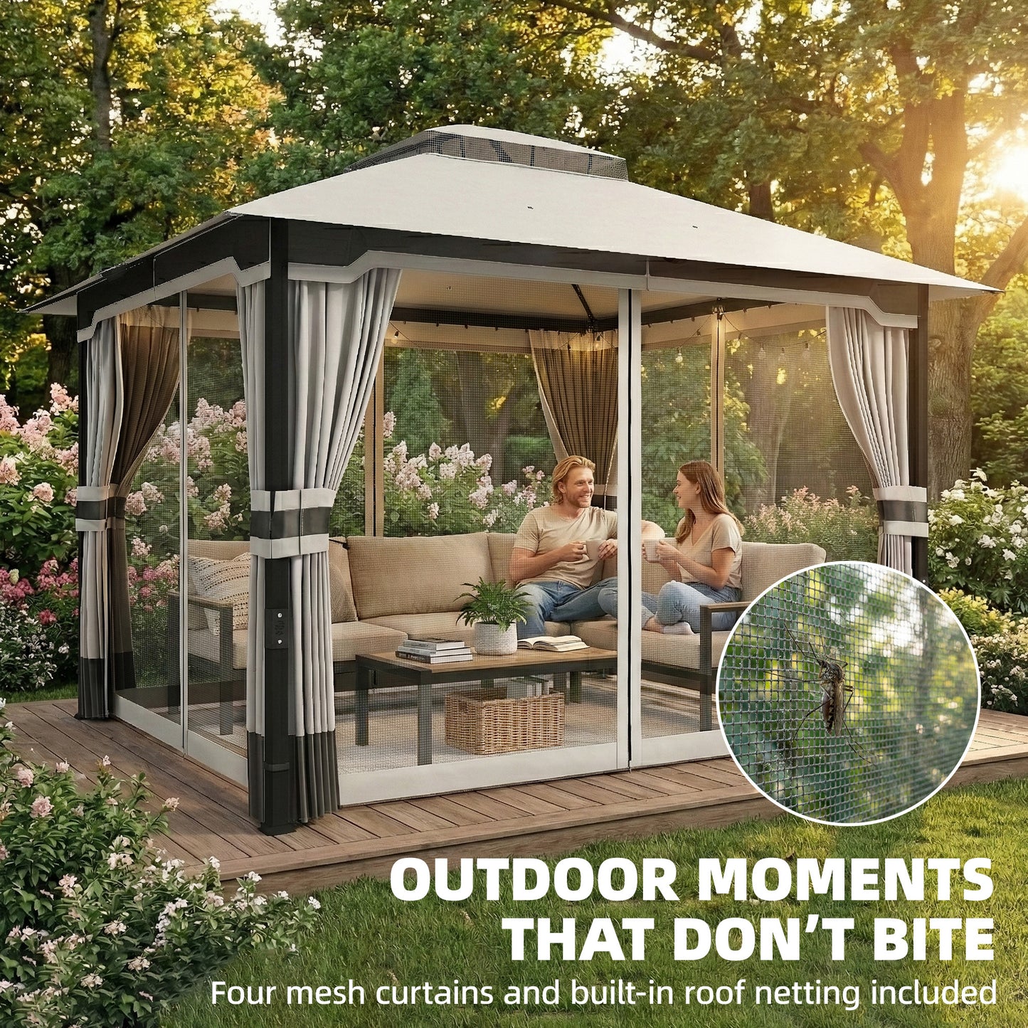 3 x 3.6 m Outdoor Garden Gazebo with Netting and Curtains, Double Roof Patio Gazebo Permanent Pavilion, Light Grey