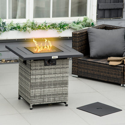Outdoor PE Rattan Gas Fire Pit Table, Patio Square Propane Heater with Rain Cover, Mesh Lid and Lava Stone, 40,000 BTU