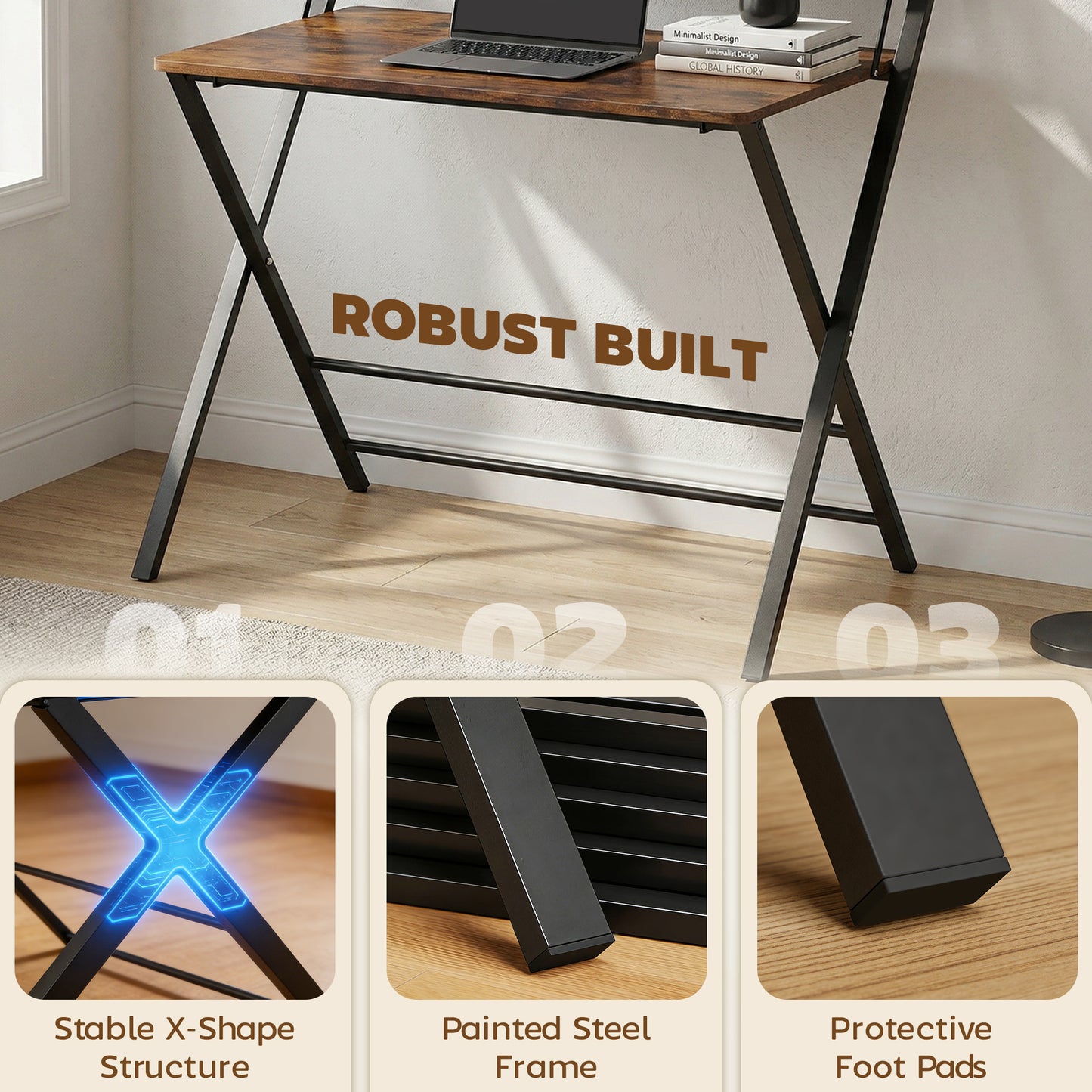 Compact Folding Desk for Small Spaces with Storage Shelf for Home Office, Rustic Brown