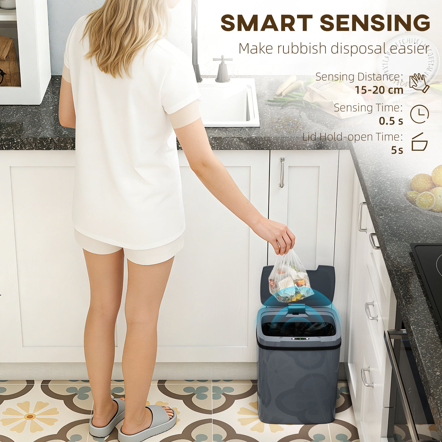 15L Sensor Bin, Automatic Touchless Kitchen Bin, Easy Clean, Battery Operated for Home Office, Bedroom, Bathroom, Grey