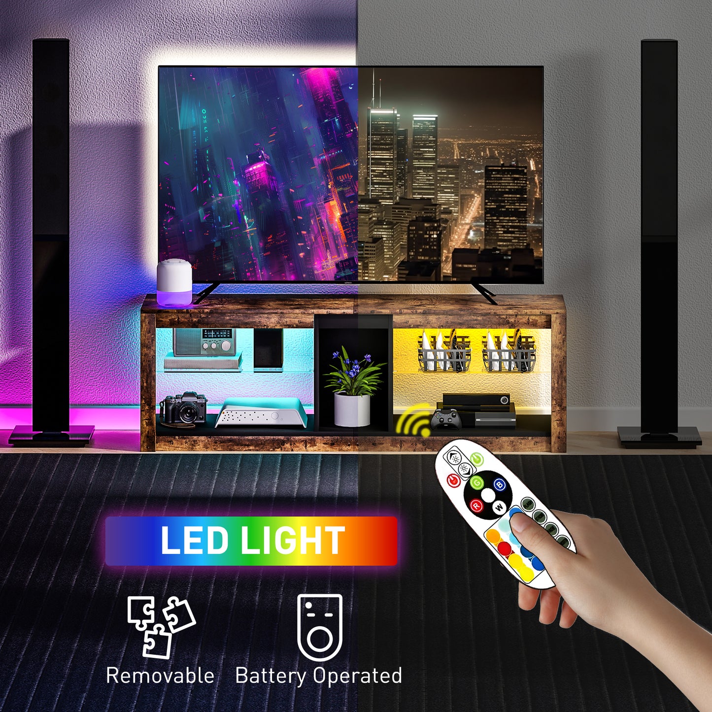 TV Stand Cabinet with LED Lights and Remote Control for TVs up to 65"