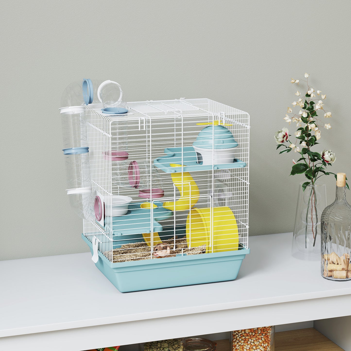 3-Level Hamster Cage with Exercise Wheel, Water Bottle, Food Bowl, for Dwarf Hamsters, 34.5 x 27.5 x 41 cm, Blue