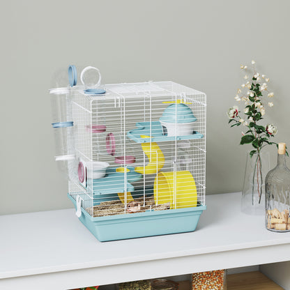3-Level Hamster Cage with Exercise Wheel, Water Bottle, Food Bowl, for Dwarf Hamsters, 34.5 x 27.5 x 41 cm, Blue