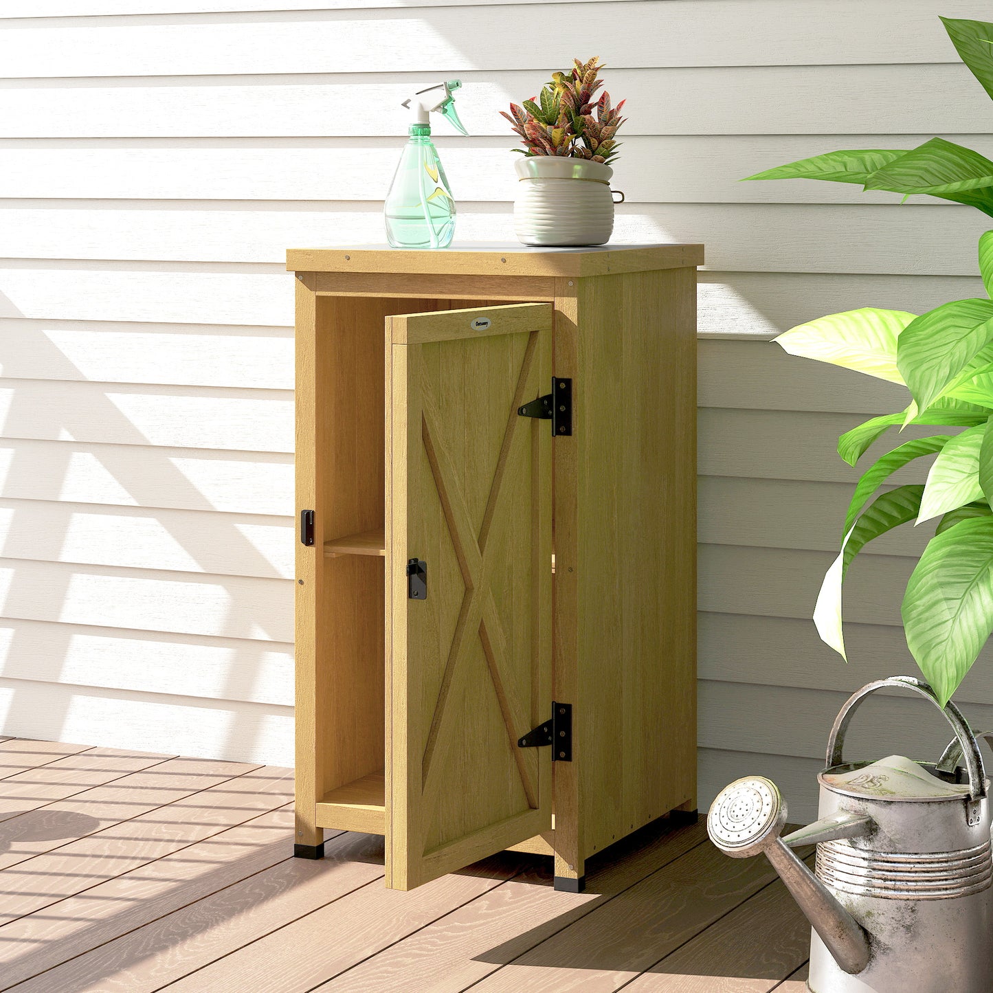 Wooden Garden Shed, Garden Tool Storage Shed with Metal Top and Shelf, Light Brown