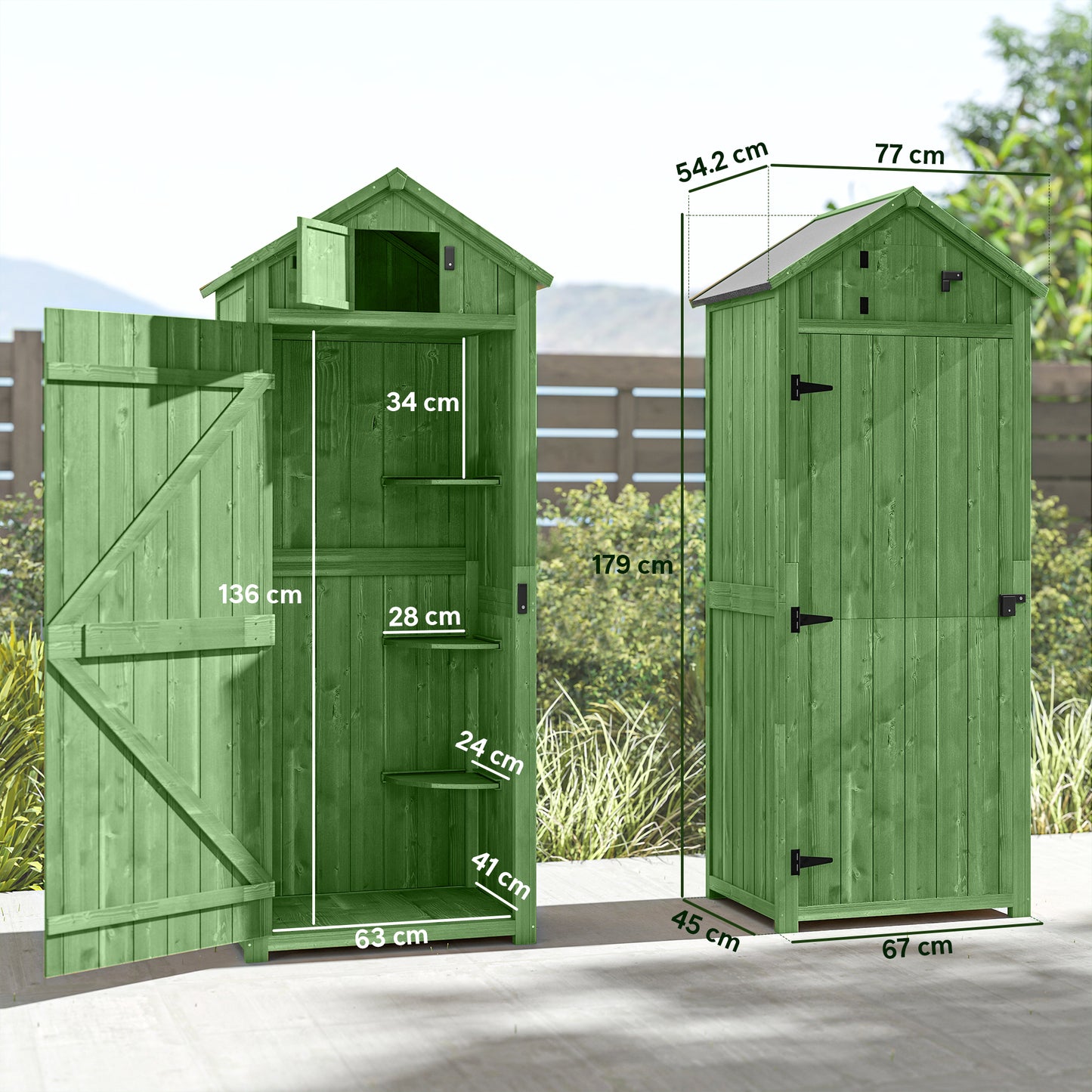 Small Shed, Tall Slim Wooden Garden Shed with 3 Removable Shelves and Roof Hatch