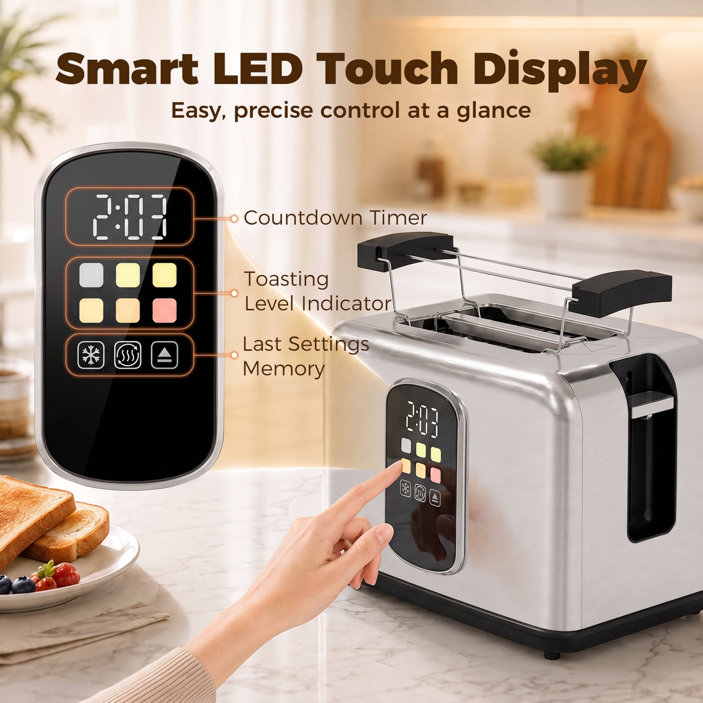 2 Slice Smart Toaster with Touch Screen & LED Countdown, Toaster with Warming Rack, 6 Browning Levels, Memory Function