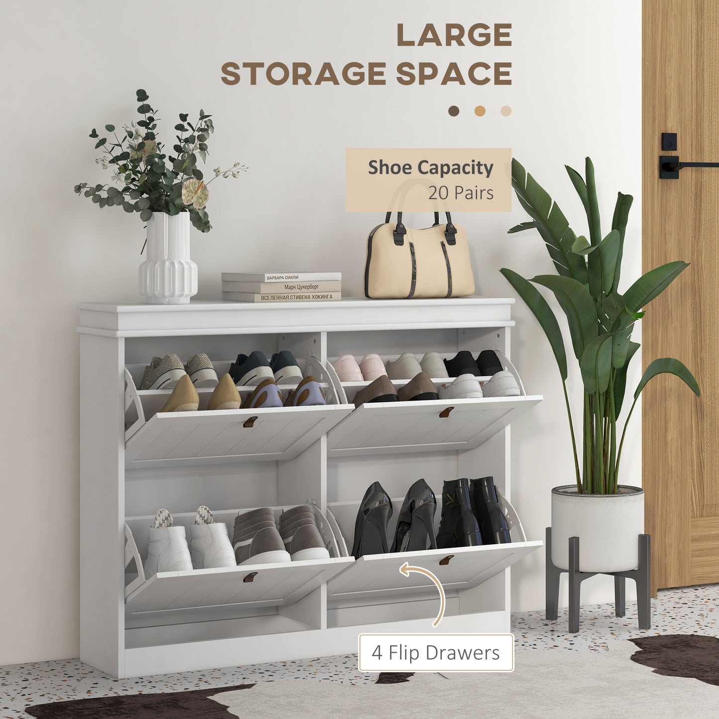 Slim Shoe Cabinet, Shoe Cabinet with 4 Drop-Down Drawers, 105W x 24D x 82.5H cm, White