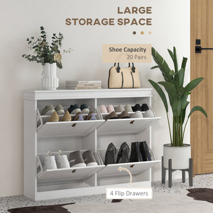 Slim Shoe Cabinet, Shoe Cabinet with 4 Drop-Down Drawers, 105W x 24D x 82.5H cm, White