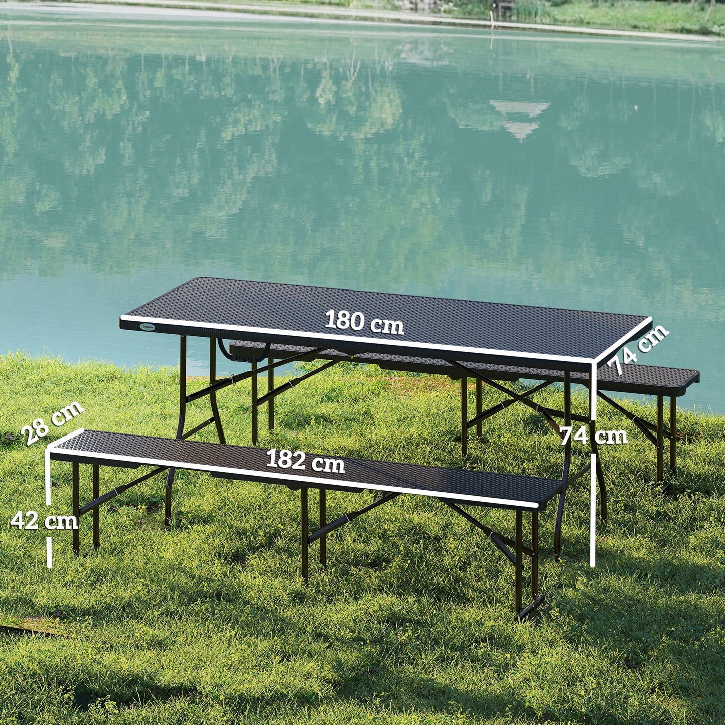 Folding Picnic Table and Bench Set, Rattan Effect Portable Camping Table and Chairs with Carrying Handles for Indoor Outdoor