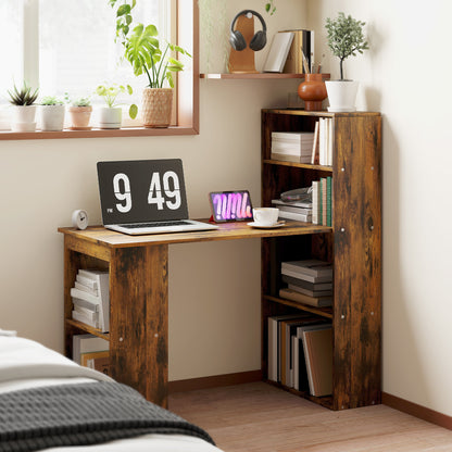 120cm Computer Desk, Wooden PC Laptop Table with 6-Tier Storage Bookshelves, Home Office Working Study Desk