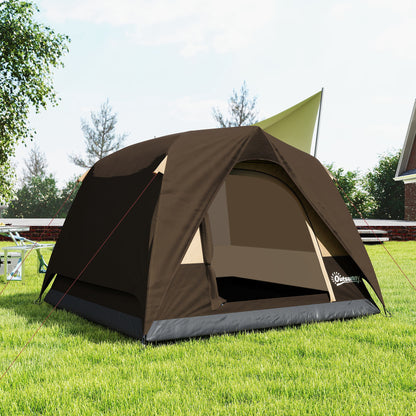 3-4 Person Camping Tent, Easy Set Up 3-4 Man Tent w/ Sewn-in Groundsheet, Waterproof Dome Tent w/ Mesh Windows, Brown
