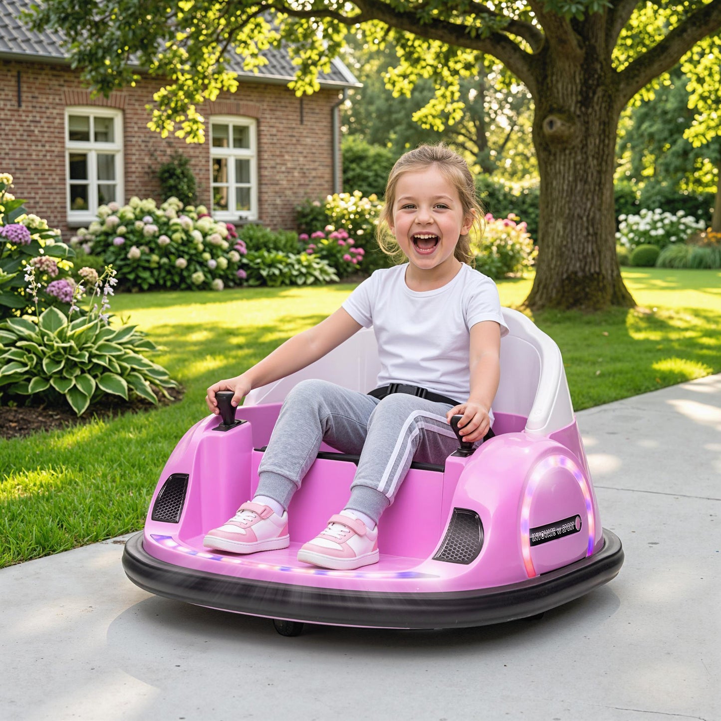 360° Rotation Kids Bumper Car, 12V Waltz Car with Remote Control, Dual Joystick, Music, Lights, Pink